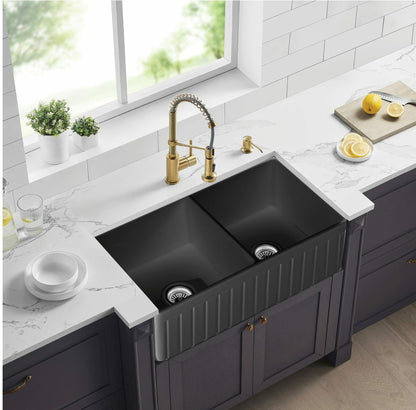 828mm Greenwich Fireclay Farmhouse Double Sink Fluted and Flat Reversible Matte Black