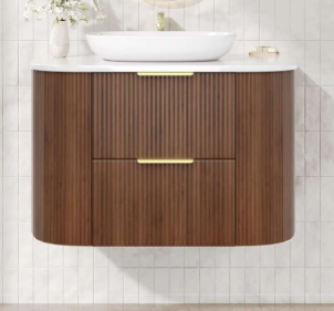 900mm Artis Curved Wall Hung Vanity PVC - Double Drawers Cabinet Only - Wallnut