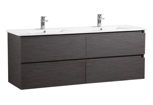 Stella Wood Grain PVC Wall Hung Vanity -   Four Drawers - Double Bowl- Dark Brown - 1200mm