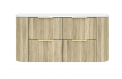 1200mm Artis Curved Wall Hung Vanity PVC - Double Drawers Cabinet Only - Single Bowl - Coastal Oak