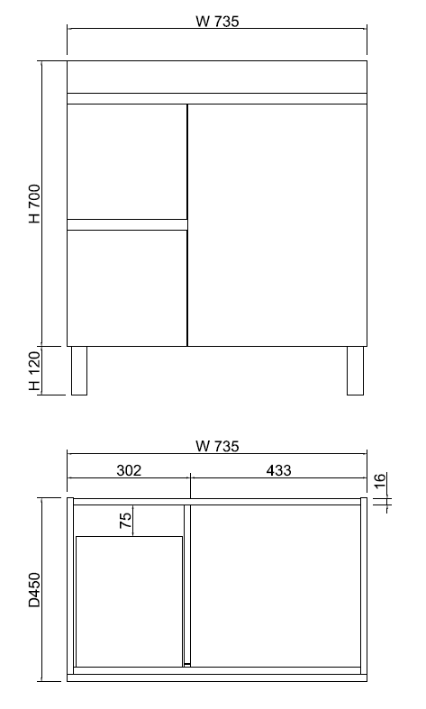 Forest Single Bowl Freestanding Vanity(Leg/Kickboard)-Light oak W735xH820xD450mm