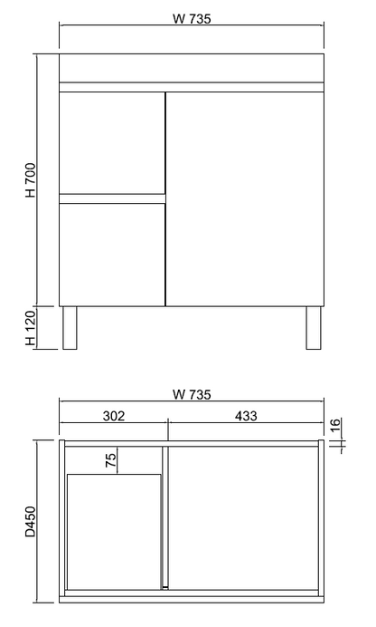 Forest Single Bowl Freestanding Vanity(Leg/Kickboard)-Light oak W735xH820xD450mm