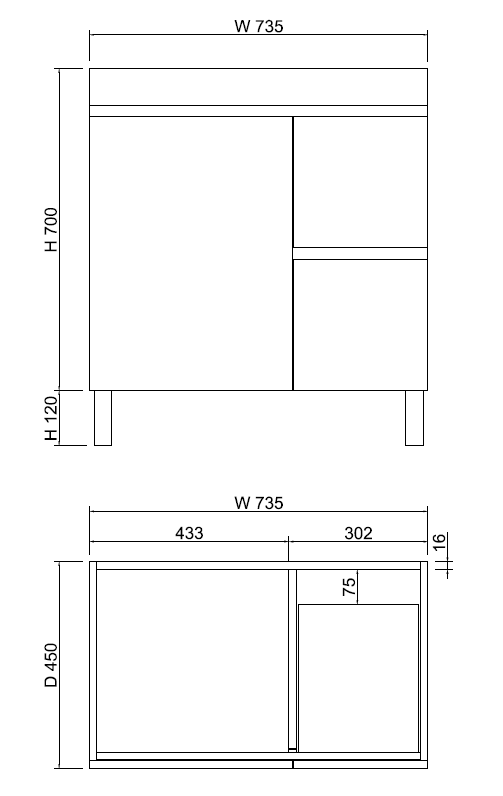 Forest Single Bowl Freestanding Vanity(Leg/Kickboard)-Light oak W735xH820xD450mm