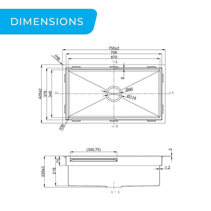 750mm Stainless Steel PINIZ Single Bowl Workstation Kitchen Sink - Slide Lip - Nano Coated 1.2mm Thick Stainless Steel - Anti-Scratch