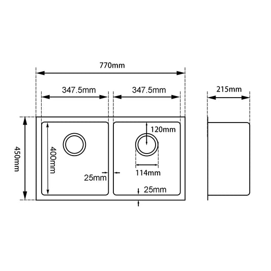 Round Corner Chrome Stainless Steel Handmade Double Bowl Kitchen Sink 770*450*215mm