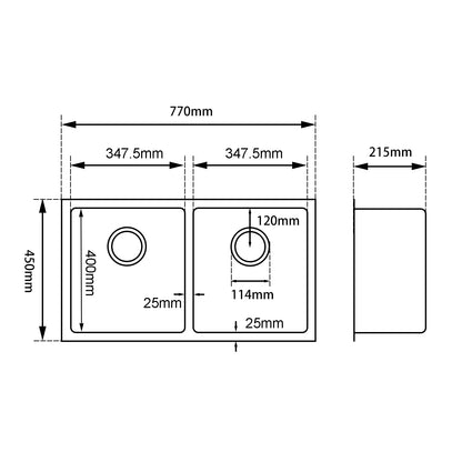 Round Corner Dark Grey Stainless Steel Handmade Double Bowl Kitchen Sink 770*450*215mm(with dark grey waste)