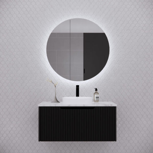800mm Matt black Matt black Round shape 2 Doors LED shaving cabinet with 4 adjustable glass shelves, whloe body is made by plywood - 800 x 800 x 140