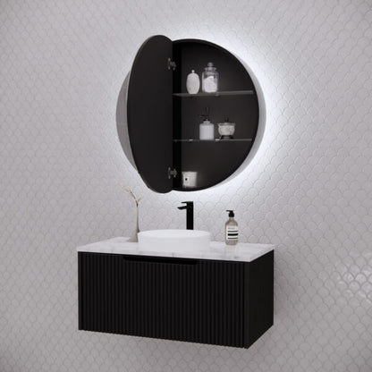 800mm Matt black Matt black Round shape 2 Doors LED shaving cabinet with 4 adjustable glass shelves, whloe body is made by plywood - 800 x 800 x 140