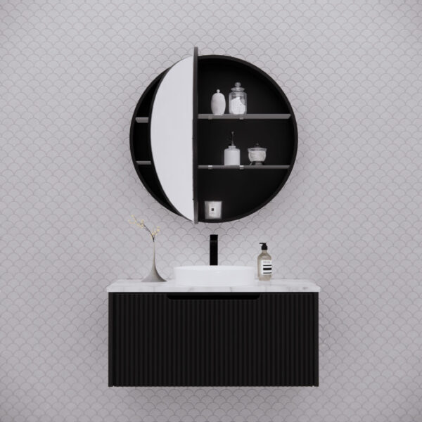 800mm Matt black Matt black Round shape 2 Doors shaving cabinet with 4 adjustable glass shelves, whloe body is made by plywood - 800 x 800 x 140