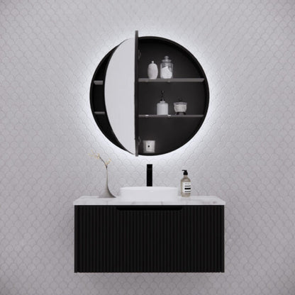 800mm Matt black Matt black Round shape 2 Doors LED shaving cabinet with 4 adjustable glass shelves, whloe body is made by plywood - 800 x 800 x 140