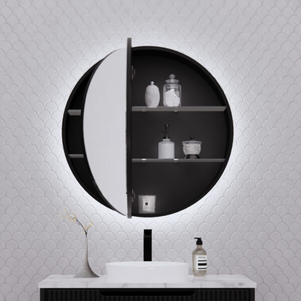 800mm Matt black Matt black Round shape 2 Doors LED shaving cabinet with 4 adjustable glass shelves, whloe body is made by plywood - 800 x 800 x 140