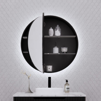 800mm Matt black Matt black Round shape 2 Doors LED shaving cabinet with 4 adjustable glass shelves, whloe body is made by plywood - 800 x 800 x 140