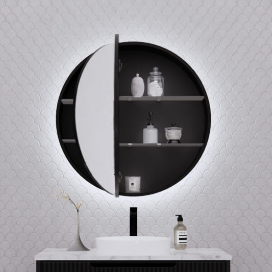 800mm Matt black Matt black Round shape 2 Doors LED shaving cabinet with 4 adjustable glass shelves, whloe body is made by plywood - 800 x 800 x 140