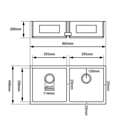 Round Corner Dark Grey Stainless Steel Handmade Double Bowl Kitchen Sink 865*440*200mm(with dark grey waste)