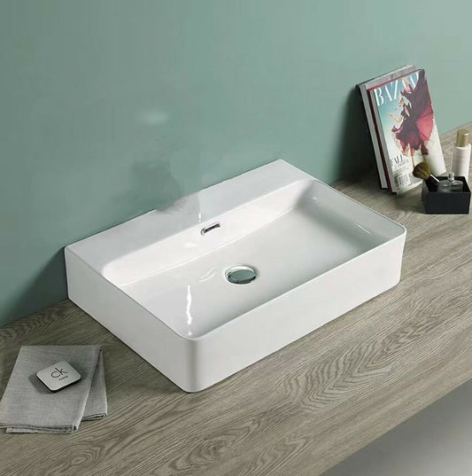 Above Counter/Wall Hung Ceramic Basin -   Overflow - No Tap Hole - Gloss White - Rectangle - 600mm