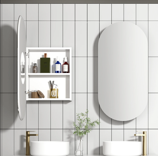 Shaving Cabinet Matte White With Oval   Shape Mirror - 900x450mm