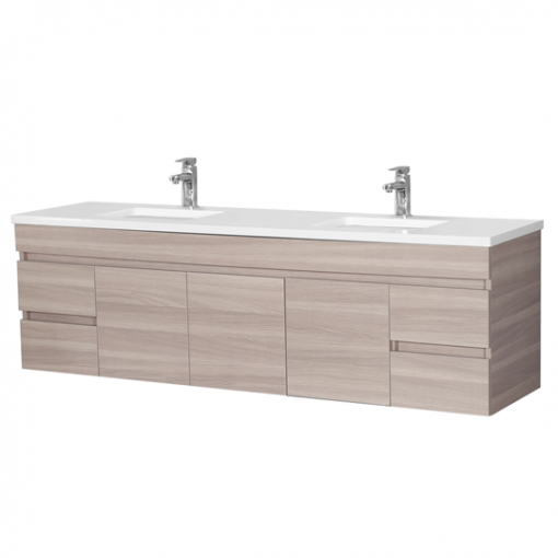 1500mm Evie Wall Hung Vanity PVC - Cabinet Only - Side Drawers / Double Bowl - Oak