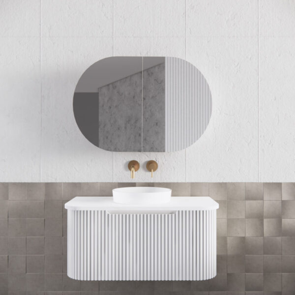 870mm Matt white Matt white Oval shape 2 Doors shaving cabinet with 4 adjustable glass shelves, whloe body is made by plywood - 870 x 600 x 140