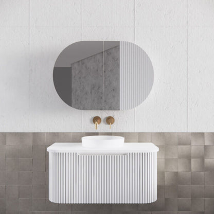 870mm Matt white Matt white Oval shape 2 Doors shaving cabinet with 4 adjustable glass shelves, whloe body is made by plywood - 870 x 600 x 140