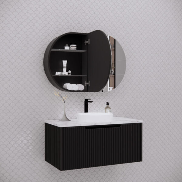 870mm Matt black Matt black Oval shape 2 Doors shaving cabinet with 4 adjustable glass shelves, whloe body is made by plywood - 870 x 600 x 140