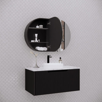 870mm Matt black Matt black Oval shape 2 Doors shaving cabinet with 4 adjustable glass shelves, whloe body is made by plywood - 870 x 600 x 140