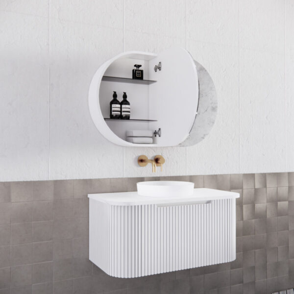 870mm Matt white Matt white Oval shape 2 Doors shaving cabinet with 4 adjustable glass shelves, whloe body is made by plywood - 870 x 600 x 140