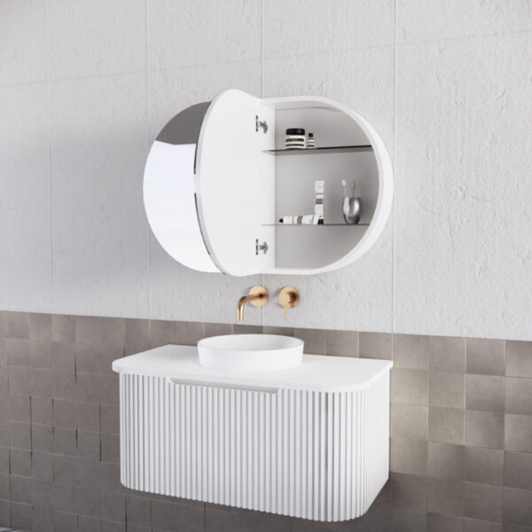 870mm Matt white Matt white Oval shape 2 Doors shaving cabinet with 4 adjustable glass shelves, whloe body is made by plywood - 870 x 600 x 140
