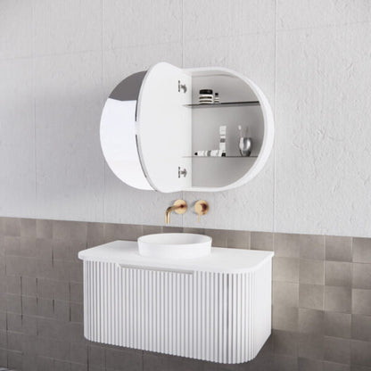 870mm Matt white Matt white Oval shape 2 Doors shaving cabinet with 4 adjustable glass shelves, whloe body is made by plywood - 870 x 600 x 140