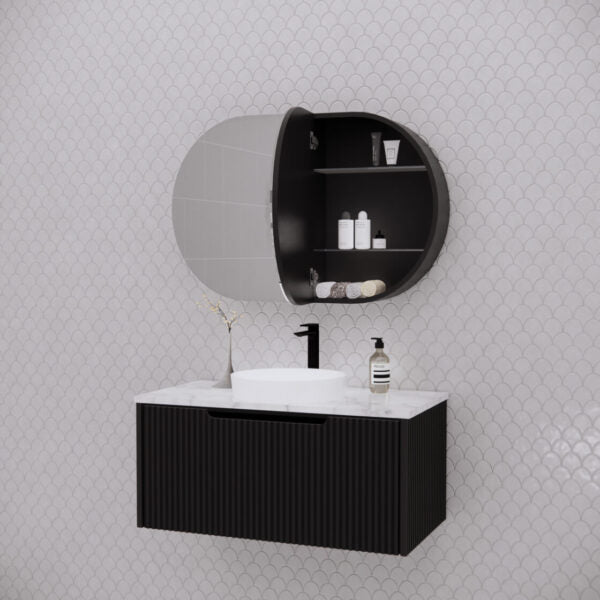 870mm Matt black Matt black Oval shape 2 Doors shaving cabinet with 4 adjustable glass shelves, whloe body is made by plywood - 870 x 600 x 140