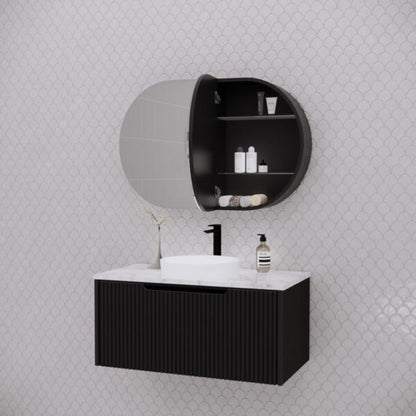870mm Matt black Matt black Oval shape 2 Doors shaving cabinet with 4 adjustable glass shelves, whloe body is made by plywood - 870 x 600 x 140