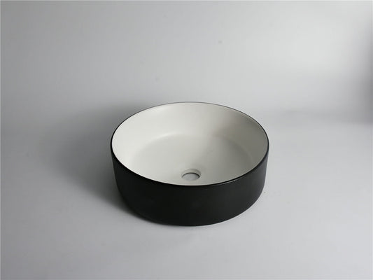 Polar - 360mm Matte Black & Matte   White Round Textured Exterior Ceramic Above Counter Basin  -  360x360x120mm