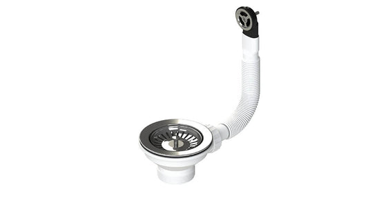 90x50 Polished Stainless Steel Basket Waste with Overflow Kit & Long Bolt
