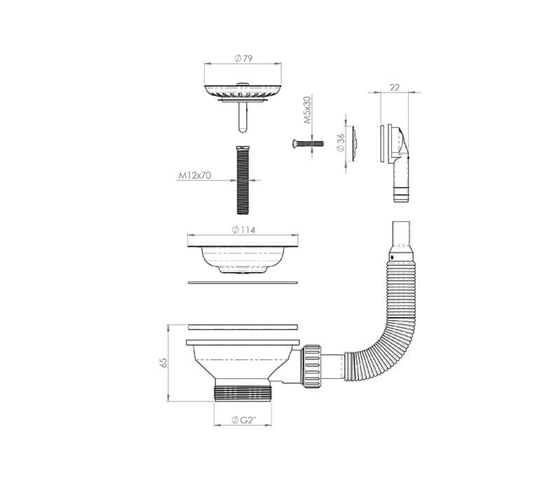 90x50 Polished Stainless Steel Basket Waste with Overflow Kit & Long Bolt