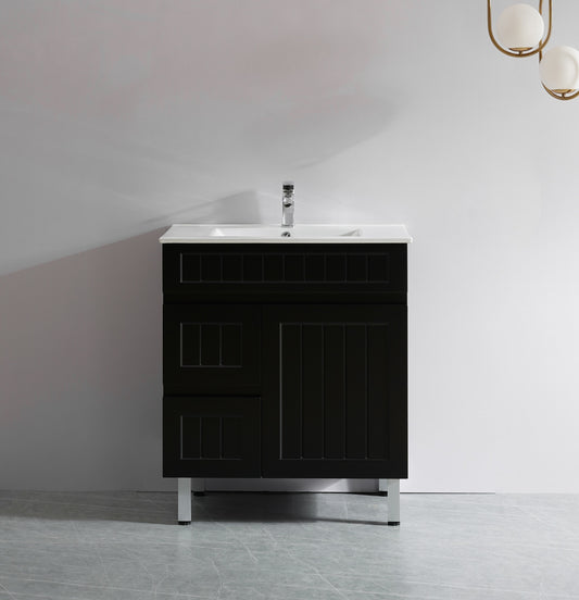 750x360mm Acacia Slim Floor Vanity PVC Left Side Drawers - Cabinet Only - Matte Black