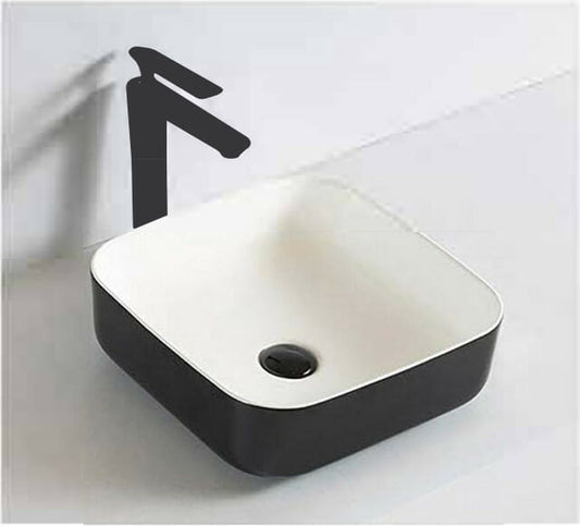 Gloss White & Matte Black Square   Basin  -  385 x 385 x 135mm