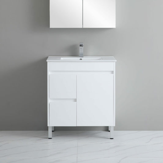 750mm Polar Slim Floor Vanity PVC Left Side Drawers - Cabinet Only - Gloss White