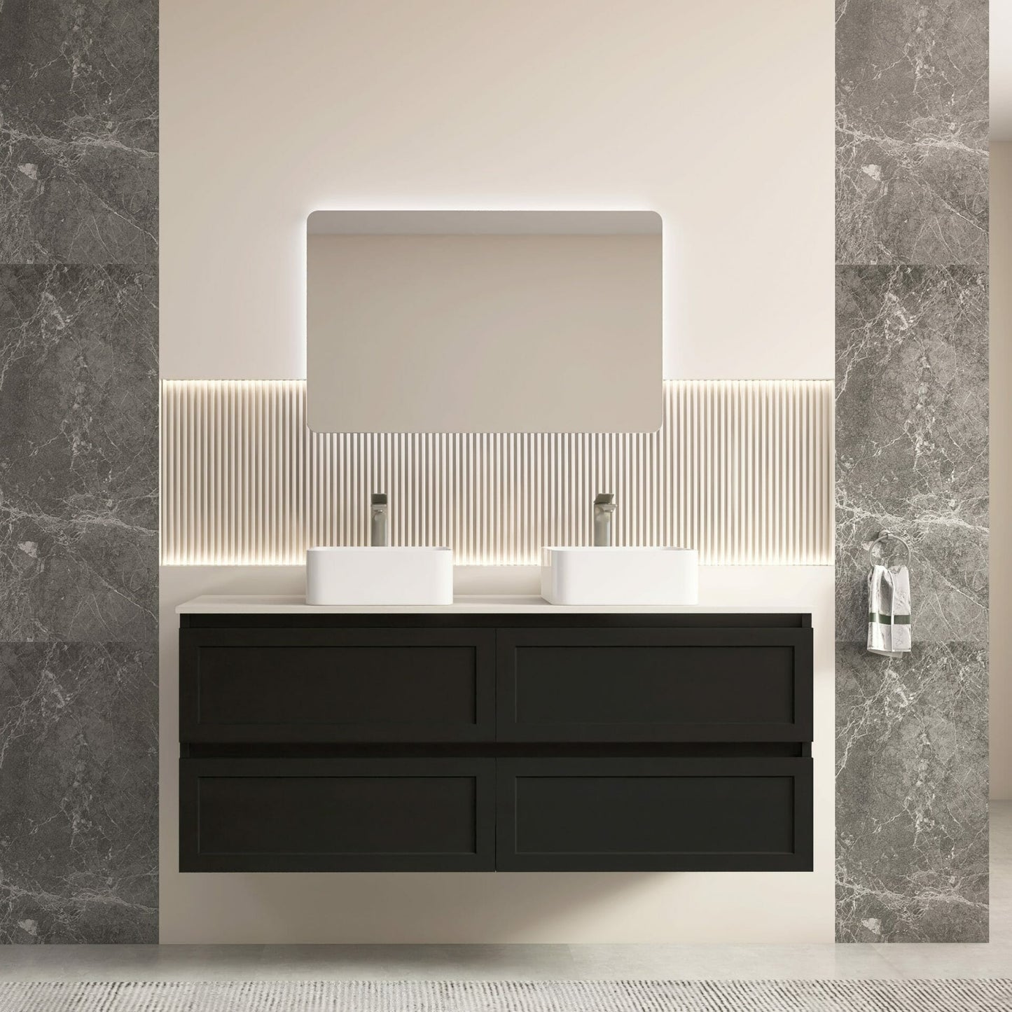 Fremantle Wall Hung Vanity - Four Drawers   - Matt Black - 1500mm