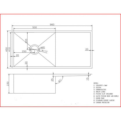 (C-960 Black)Round Corner Stainless Steel Gun Metal Grey PVD Coating Single Bowl with Drain Board Kitchen Sink(with Bottom Grid) 960*450*230mm