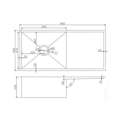 (C-960)Round Corner Chrome Stainless Steel Handmade Single Bowl with Drain Board Kitchen Sink 960*450*230mm