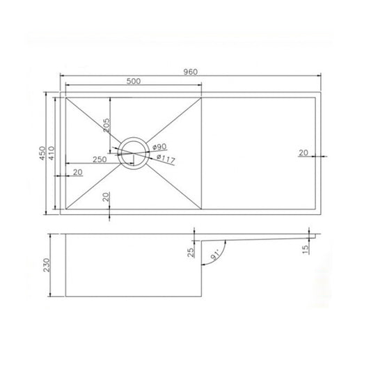 (C-960)Round Corner Chrome Stainless Steel Handmade Single Bowl with Drain Board Kitchen Sink 960*450*230mm