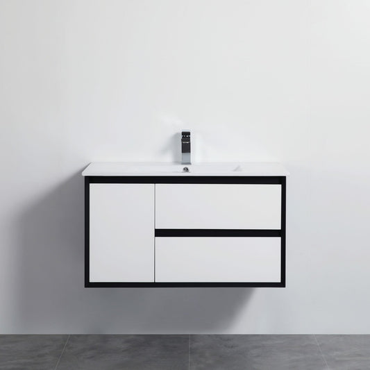 900mm Wall Hung PVC Vanity Matt Black & White Cabinet ONLY