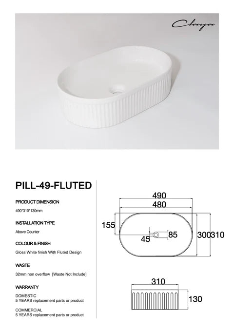 490*310*130mm Gloss White with Fluted Design Above Counter Basin