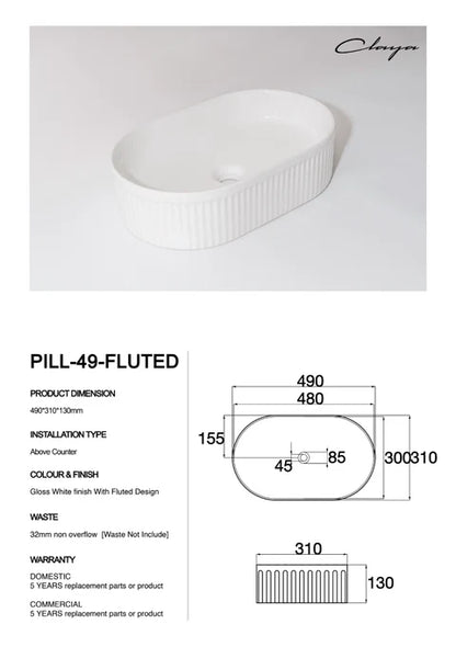 490*310*130mm Gloss White with Fluted Design Above Counter Basin