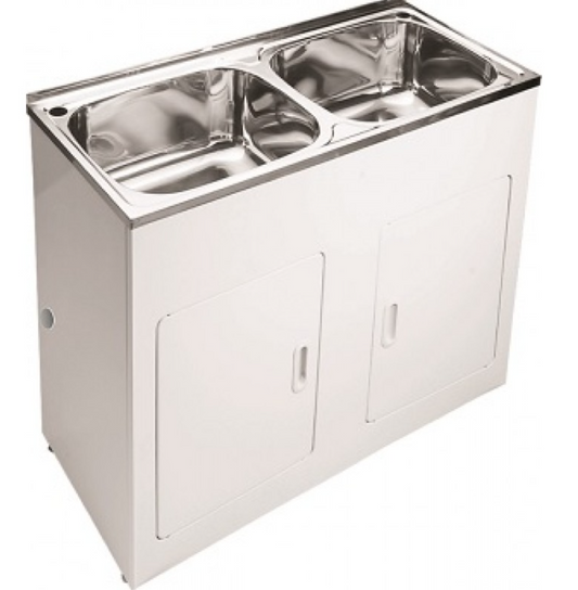 Double 45L Laundry Tub with Cabinet with Side Hole - Stainless Steel
