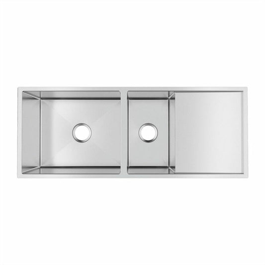 (C-1160.2)Round Corner Chrome Stainless Steel Handmade 1 and 1/2 Bowl Kitchen Sink with Drain Board 1160*460*230mm