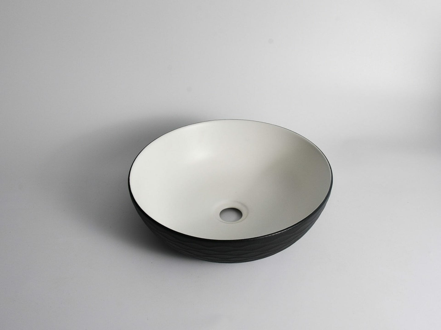 Polar - 400mm Matte Black & Matte   White Wavy Round Textured Exterior Ceramic Above Counter Basin  -    400x400x130mm