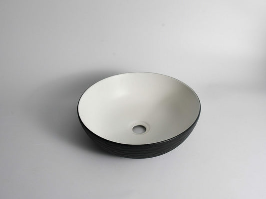 Polar - 400mm Matte Black & Matte   White Wavy Round Textured Exterior Ceramic Above Counter Basin  -    400x400x130mm