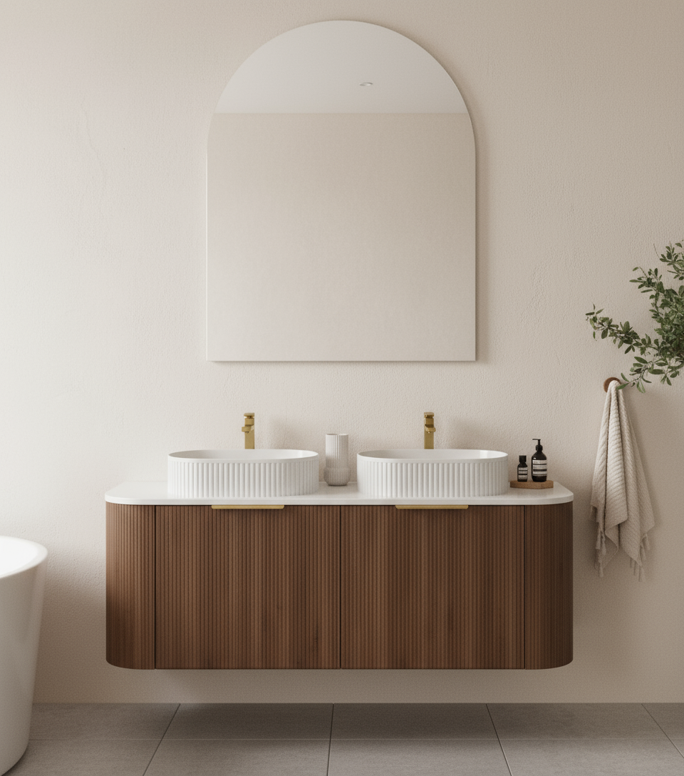 1500mm Artis Curved Wall Hung Vanity PVC - Big Drawer Cabinet Only - Single Bowl - Wallnut