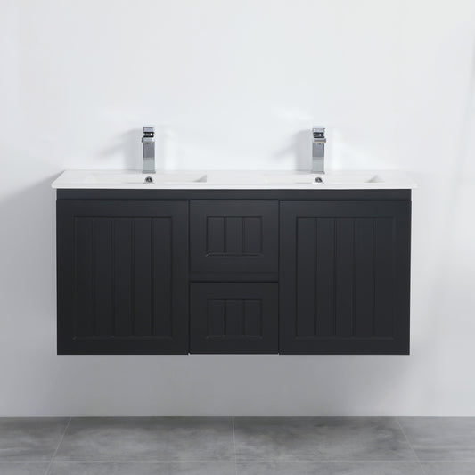 1200mm Acacia Wall Hung Vanity PVC Cabinet Only - Double Bowl - Matte Black