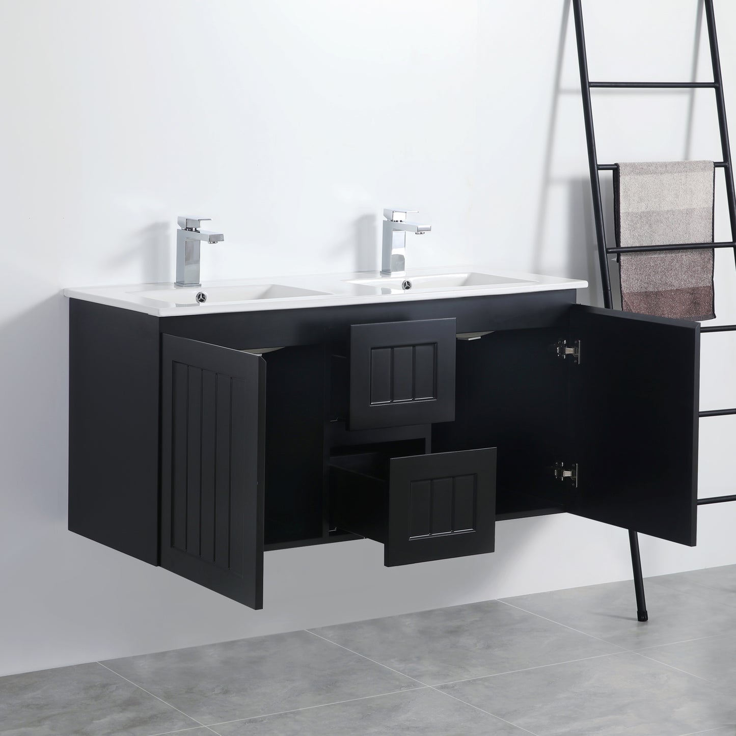 1200mm Acacia Wall Hung Vanity PVC Cabinet Only - Double Bowl - Matte Black